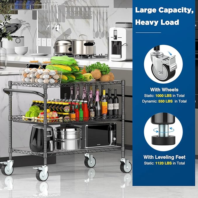 Leteuke Heavy Duty Rolling Utility Cart, 45 Inch Kitchen Carts with Wheels, NSF Commercial Grade with Handle & Shelf Liners, 1120LBS Storage Cart for Kitchen,Restaurant,Plant Display-Black