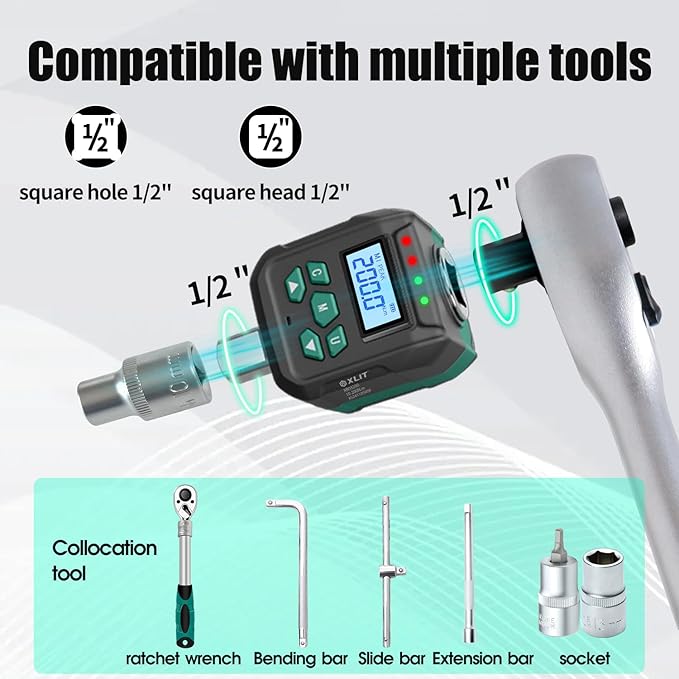 1/2" Digital Torque Adapter Set with Socket Adapters (1/4", 3/8") - 2% Accuracy, 7.4-147.5 ft-lb, Buzzer & LED Alerts, Working with Ratchet Wrench, Breaker Bar - for Automotive, Motorcycle & Car