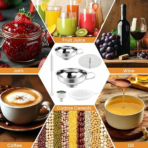 6Pcs Stainless Steel Canning Funnels Set, Wide Mouth Food Canning Funnels for Regular Mason Jar, Kitchen Large Cannin-g Supplies Kit for Filling Bottle(Color:Silver)
