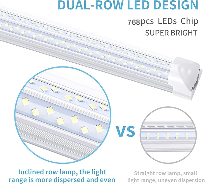 8FT LED Shop Light Fixture (12-Pack) - 120W Linkable T8 Tube Lights, 6000K Cold White, V-Shape Clear Cover - High Output Plug & Play Lighting for Garage, Warehouse, Workshop