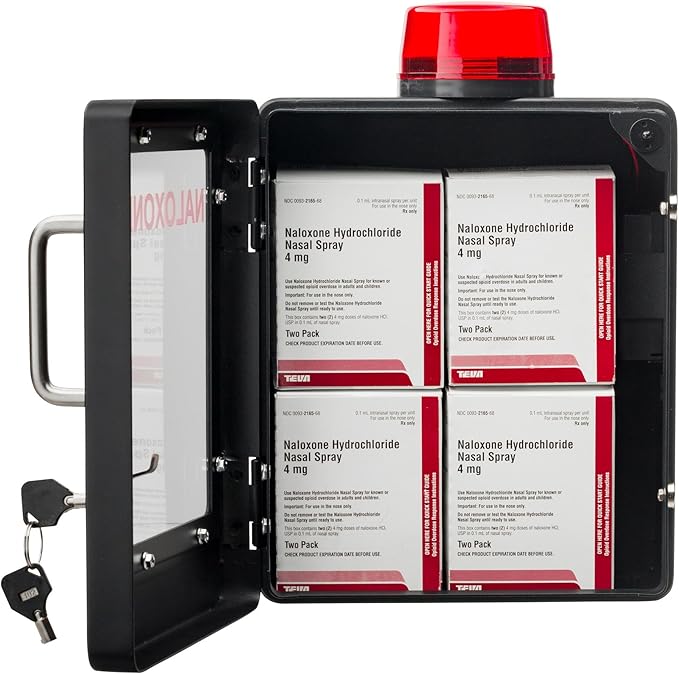 Naloxone Overdose Emergency Kit Cabinet - Includes Optional Alarm and Locking System - Designed for Wall Mount & Public Access (Metal, Black)