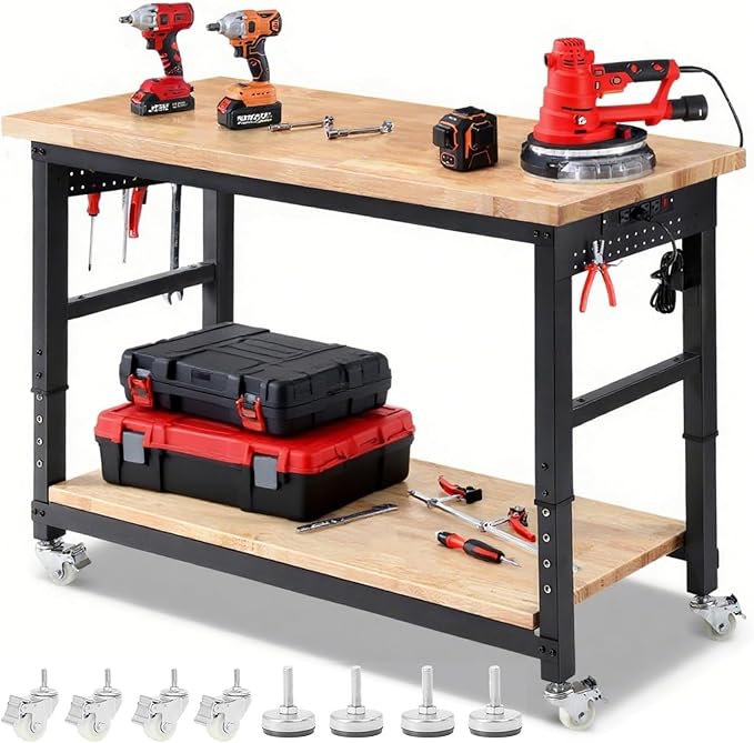 ENJOYWOOD 60" x 22" Rolling Workbench Adjustable Height Work Table with Wheels, Under Table Shelf, Pegboard & Power Outlets Heavy Duty Rubberwood Top for Garage, Office & Home