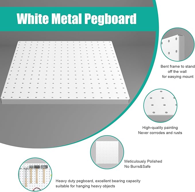 Peg Board, 16”×16”Large Heavy Duty Metal Pegboard Panels with Frame White PegBoard Display 4 Packs Peg Boards for Walls, Display, Garage Tool Storage, Office Organization, Craft Room, Kitchen