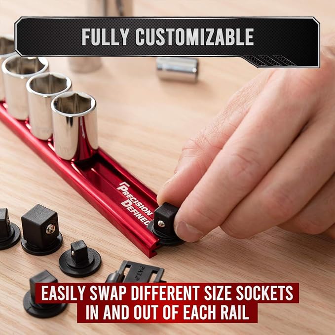 Precision Defined Aluminum Tool Holder | Red Single 1/2-Inch Socket Organizer x 14 Clips | Heavy Duty Rotating Socket Tray