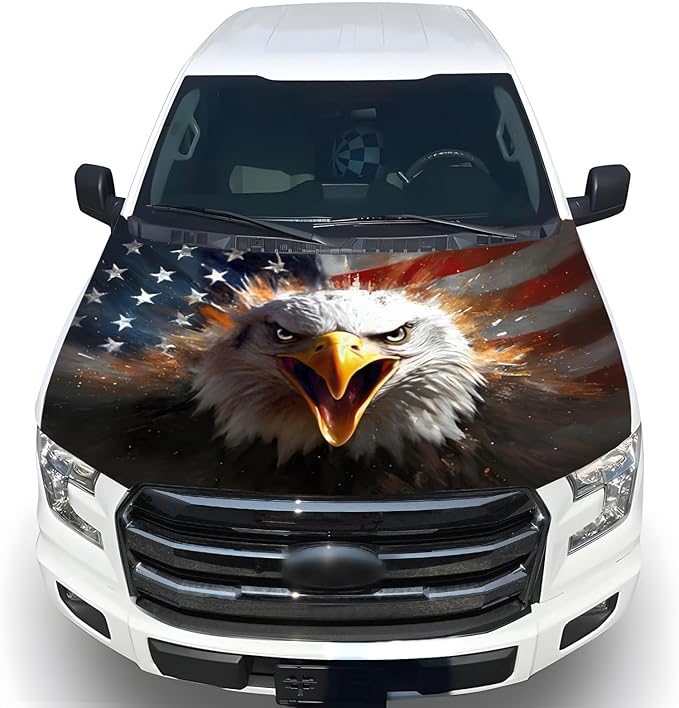 American Car Hood Cover - 59x51 in Car Hood Cover Eagle Flag Bonnet Banner with 2 Adjustable Triangular Fasteners, Universal Fit for Trucks, SUV, Patriotic America Flag Cars Decor