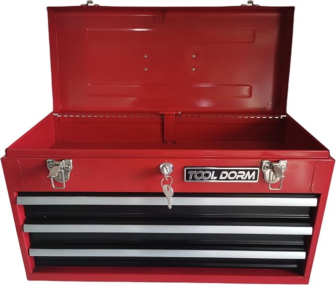 20.3“ Metal Tool Box with Drawer Portable Steel Tool Box with Protective Liner and Latch Closure and Lock for Garage, Home and Warehouse (Red & Black-3 Drawers)