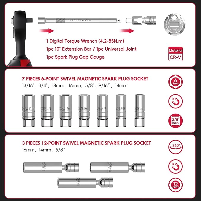14-Piece 3/8-Inch Drive Spark Plug Socket Set with Torque Wrench (4.2-85 N.m/3-62.6 Ft.Lb), Magnetic Swivel Socket, Universal Joint & Extension Bar, CR-V Steel for Auto Repair