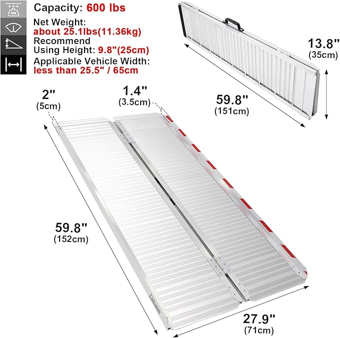 LIEKUMM 5ft Portable Wheelchair Ramp, 600LBS Capacity, Ramps for Wheelchairs for Home, Ramp for Stairs, Wheelchair Ramps for Vans, Suitable for Wheelchairs, Bicycles, Scooters