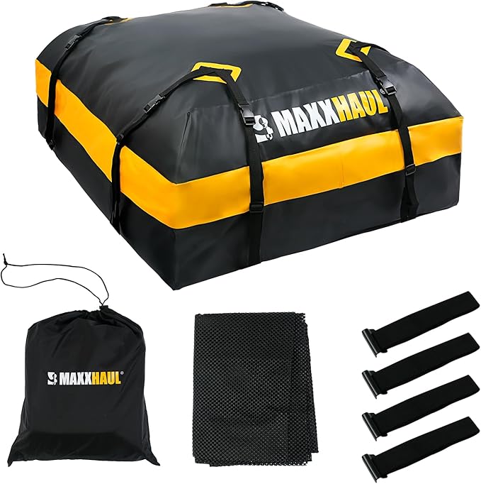 MaxxHaul Waterproof Car Roof Bag (15 Cubic Feet) – Universal Rooftop Cargo Carrier for All Cars/SUVs, Includes Anti-Slip Mat, 8 Straps, 6 Door Hooks & Luggage Lock - Lightweight & Heavy Duty