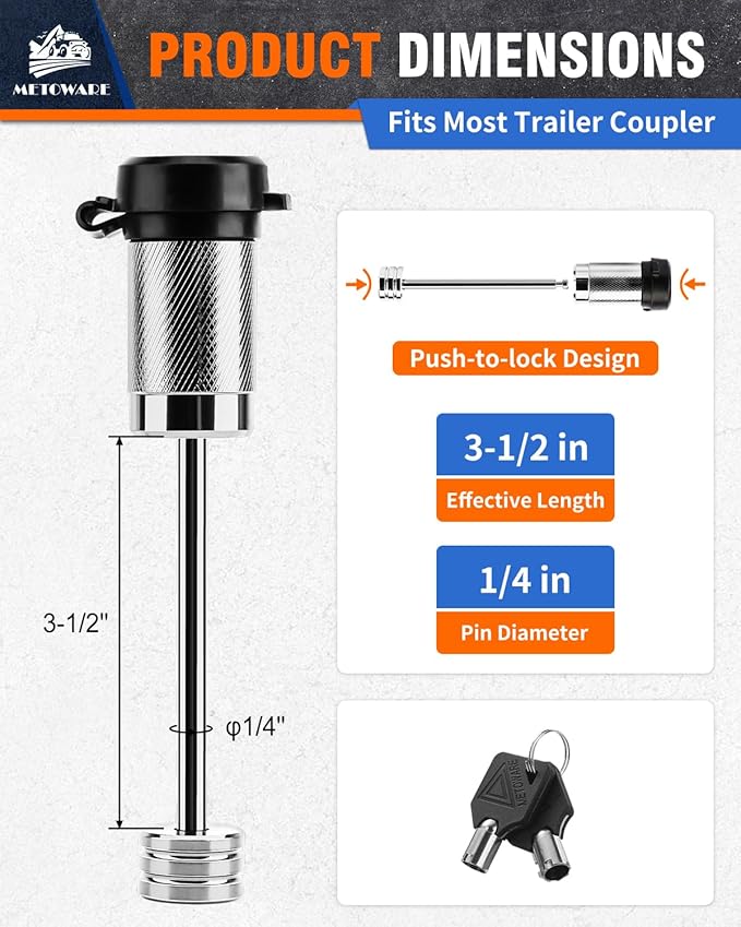 METOWARE Trailer Tongue Coupler Lock 1/4" Dia, 3-1/2" Span, Trailer Hitch Lock for Latch-Type Coupler, Trailer Pin Lock for Towing Trailer RV Car Boat Truck Chrome(1 Pack)