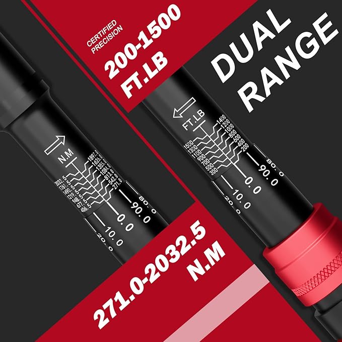 VANPO 1-inch Drive Click Torque Wrench, 200-1500 Ft-Lb/ 271.0-2032.5 Nm, 70.87" Length, 24-Tooth, Heavy-Duty Torque Wrench Set with Hex Key for Construction Equipment & Large Engines