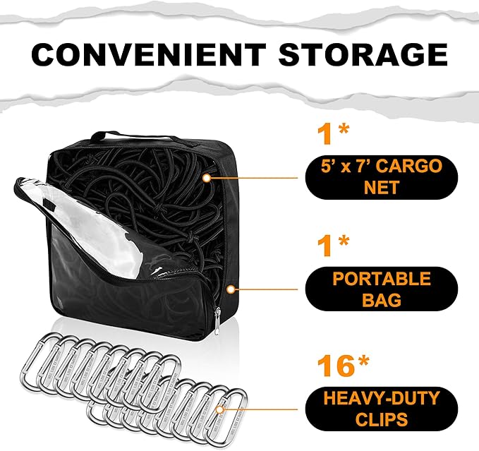 Seven Sparta 5’ x 7’ Bungee Cargo Net Stretches to 10' x 14' for Truck Bed, Pickup Bed, Trailer, Trunk, SUV with 16 Bonus D Clip Carabiners Car Organizer Net for Large Loads (Black, 5'x7')