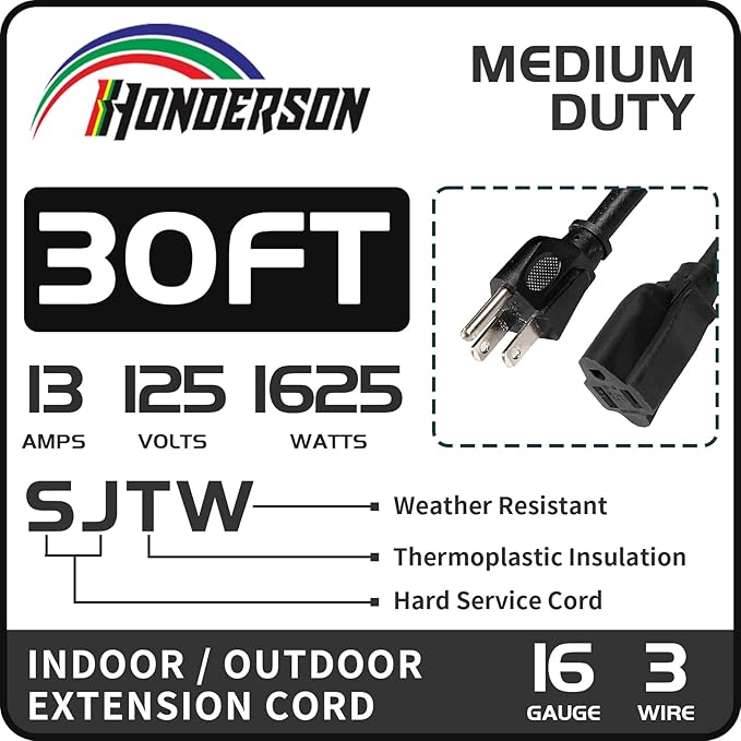 30FT Outdoor Extension Cord-16/3 SJTW Durable Black Extension Cord for Christmas Lights with 3 Prong Grounded Plug for Safety,Great for Outside Christmas Decorations