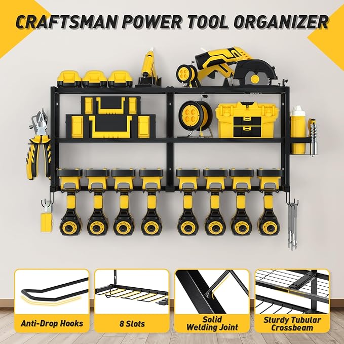Power Tool Organizer Wall Mount Christmas Gifts for Fathers Dad, Extra Large Layers Heavy Duty Metal Organization Loads 300lbs with 8 Cordless Drill Holder, Tool Shelf for Workshop, Utility Racks