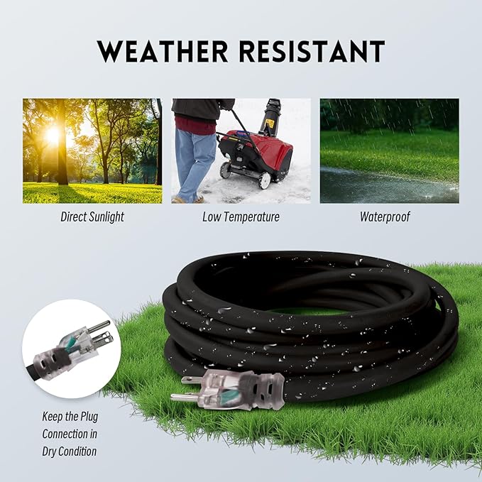 10 Gauge Heavy Duty Outdoor Extension Cord 50 FT, Waterproof Exterior Extension Cable with Lighted, 3 Prong Appliance Power Cord Outside, SJTW, 125 VAC, 15 Amp, 1875 Watts, Black