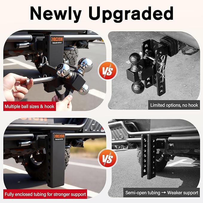 ORCISH Adjustable Rotating Trailer Hitch, 4-in-1 Tri-Ball & Tow Hook, 360° Swivel Ball Mount, 2.5" Receiver with 5" Drop/Rise, Ball Sizes: 1-7/8", 2", 2-5/16", Anti-Theft Lock, Fits Truck SUV RV