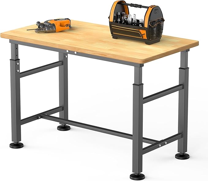 TORACK Adjustable Workbench with Rubberwood Top, 47.75" x 23.25" Heavy-Duty Garage Work Table, Height Adjustable 29"–41", Supports Up to 2000 lbs
