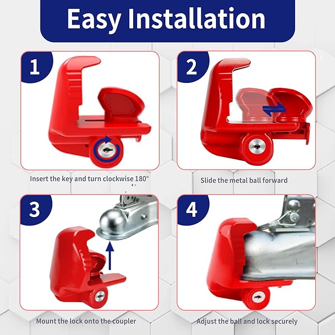 Heavy Duty Trailer Hitch Lock with Keys – Universal Coupler Lock Fits 1-7/8", 2", 2-5/16" Ball Hitches, Adjustable Steel Tongue Lock for Boat, RV, Camper & Truck, Anti-Theft Security, Red
