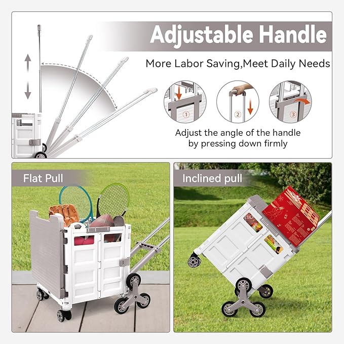 Foldable Utility Cart with Stair Climbing Wheels,Collapsible Rolling Crate with Magnetic Lid Telescopic Cover,Adjustable Telescoping Handle,360° Rotate Wheel Hand Cart for Teacher Shopping Moving