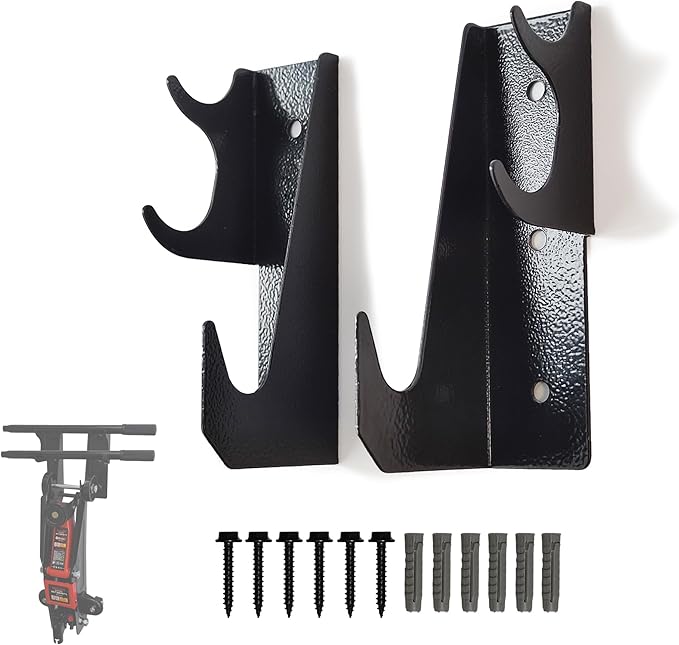 Heavy-Duty Steel Floor Jack Holder & Jack Stand Wall Mount Hook Rack,Black Electro-Plated, Two-piece Handle Storage