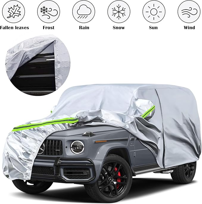 Waterproof Car Covers Replace for 2004-2025 Mercedes Benz G-Class 500 550 650, 6 Layers Silver All Weather Car Cover with Zipper Door & Windproof Bands for Snow Rain Dust Protection