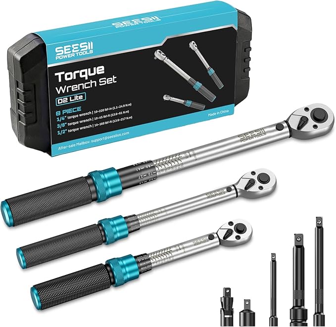 Seesii Torque Wrench Set: 1/4 3/8 1/2-inch Drive Click Torque Wrench, 10-160in.lb, 10-45ft.lb, 10-220ft.lb with Adapters, ±3% Accuracy, 72-Tooth Dual-Scale for Bike, Motor, Car Repair