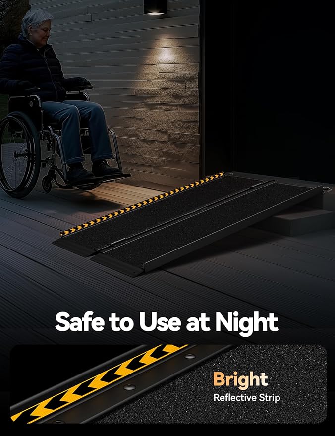 FACHNUO 4FT Wheelchair Ramp for Threshold 4-12 inches, Safe Use at Night Portable Threshold Ramps for Doorways, 800LBS Capacity, Non-Slip Durable Aluminum Alloy Folding Handicap Ramp for Home Steps
