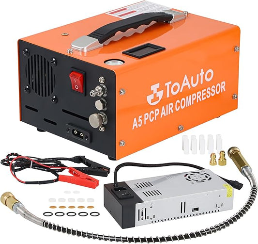 TOAUTO A5 4500Psi 30Mpa PCP Air Compressor,12V DC/110V AC PCP Airgun Compressor with Built-in Fan& Water/Oil-Free& One Button Start, with Adapter HPA Compressor for Paintball/PCP Rifle/Mini Scuba Tank