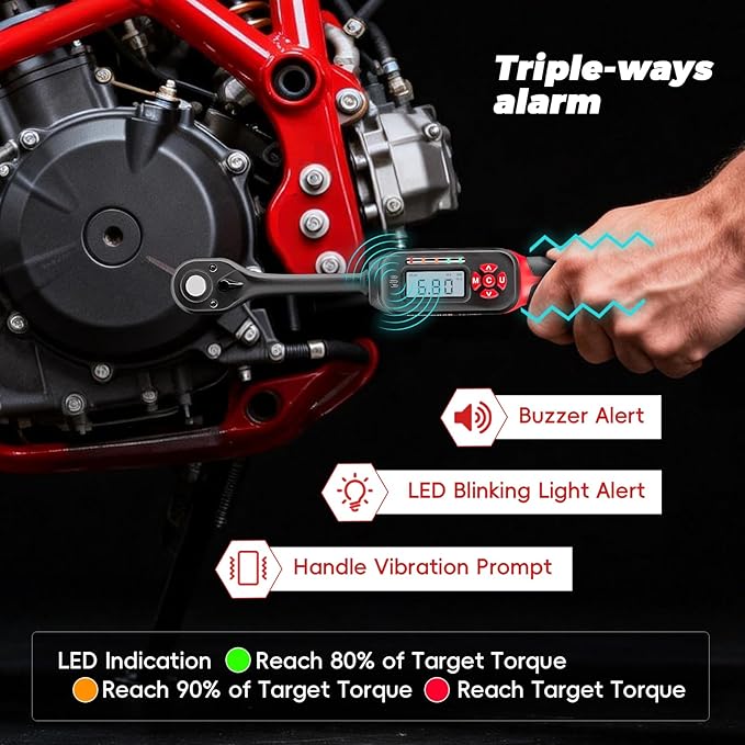 3/8 Torque Wrench Digital (5-99.6 Ft.Lb/6.8-135 N.m) ±2% Accuracy Digital Spark Plug Socket & Tire Inch Pound Torque Wrench with Buzzer and LED Flash Notification Track Mode for Moto Auto
