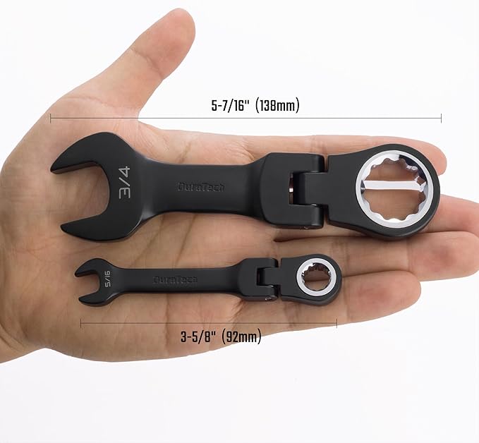DURATECH Stubby Flex-head Ratcheting Combination Wrench Set, SAE, 8-piece, 5/16" to 3/4", CR-V Steel, Black Electrophoretic Coating, with Rolling Pouch