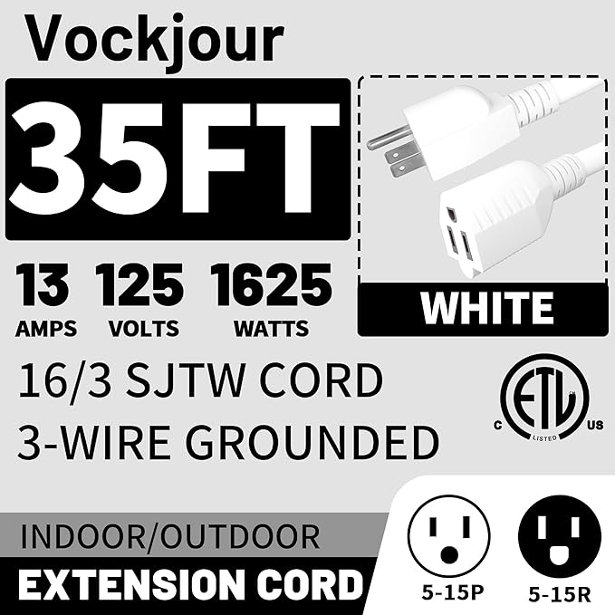 35 Ft 13A 1625W 16AWG White Indoor Outdoor Extension Cord Waterproof, Extension Cord with 3 Prong Grounded Plug, Flexible Weatherproof Power Cable, SJTW