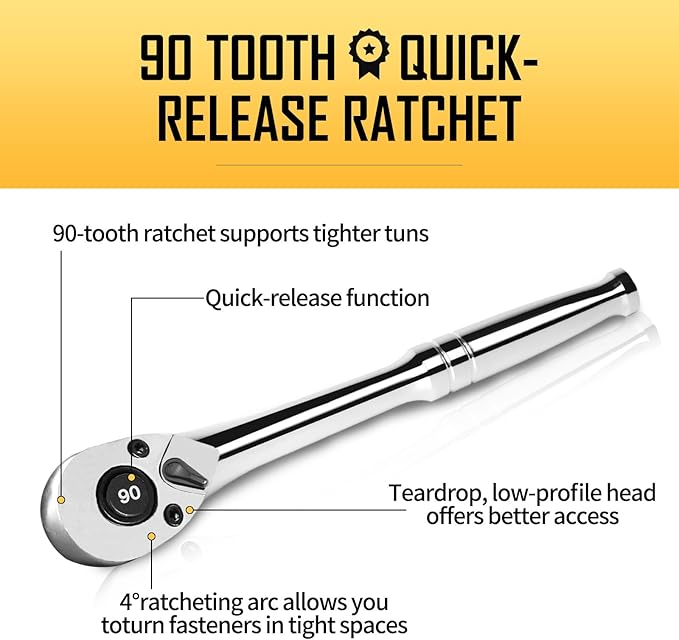 boen 3/8-Inch Drive Ratchet, 90-Tooth Quick-Release Ratchet Wrench, 4-Degree Swing, Reversible, Chrome Alloy Made, Full Polished