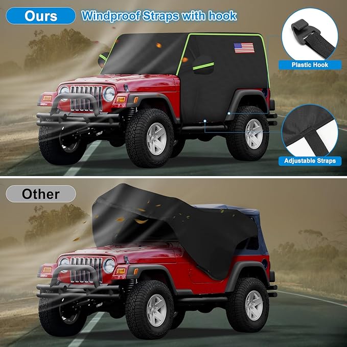 QUNSUNUS Cab Cover for Jeep YJ TJ 2 Door, Half Car Cover with Cotton Liner, All Weather Waterproof Rain Cover with Straps for Wind, Sun, UV and Dust Protection