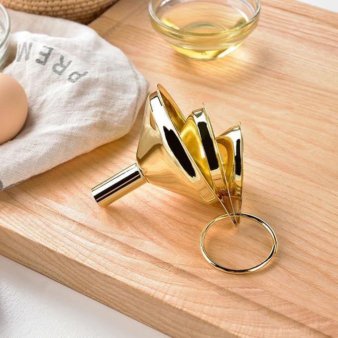 Kitchen Funnel Set, 3 Pieces Gold Stainless Steel Funnel Set Narrow Valve Rod Kitchen Oil Liquid Transferring for Canning Kitchen Tools Kitchen Gadgets Accessories