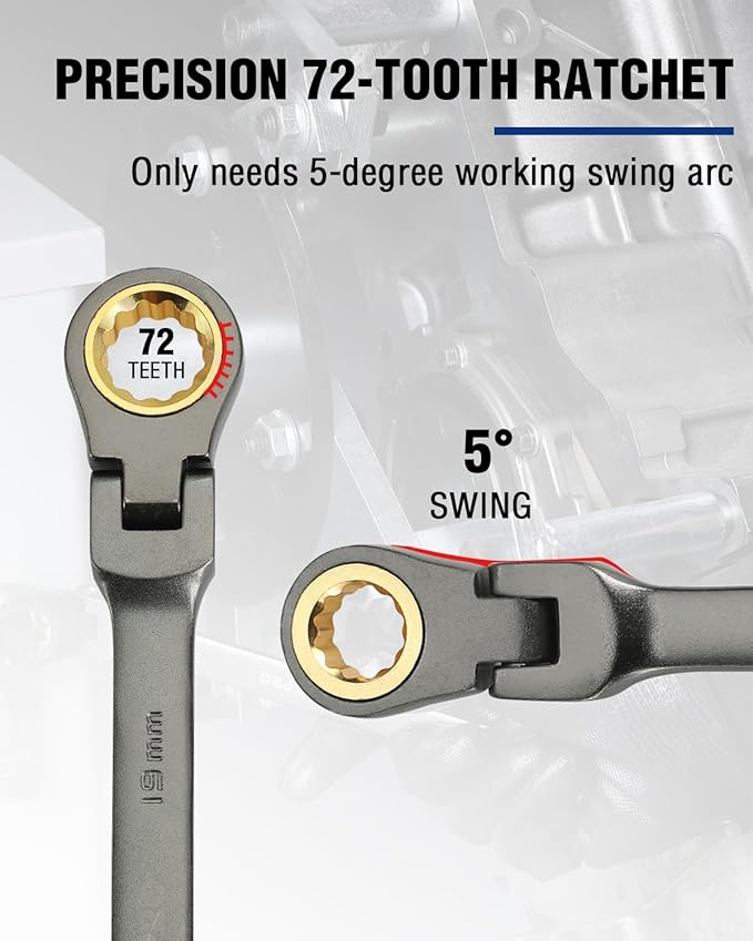 WORKPRO 19 mm Flex-Head Ratcheting Combination Wrench, Cr-V Constructed, Nickel Plating, 72-Teeth, 12 Point Design, Metric