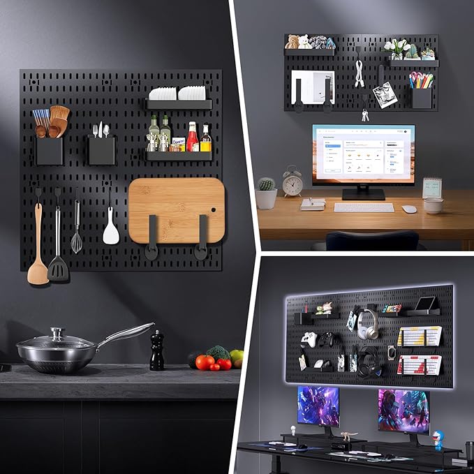 4 Pack Pegboard Wall Organizer Set, Black Modular Peg Board Organizer for Wall Storage, Versatile Wall Peg Board for Home Office, Garage, Craft Room & Gaming Setup