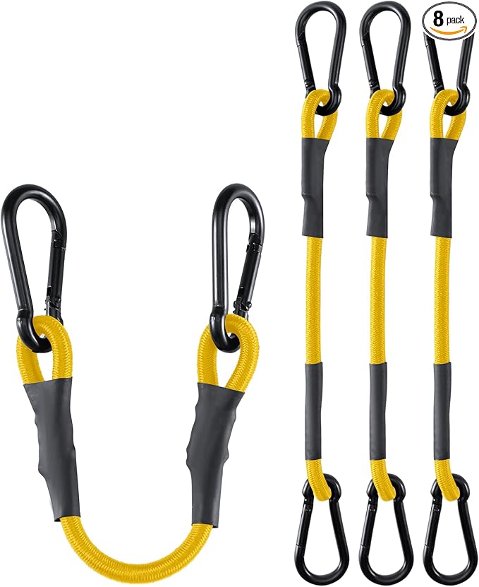 8 Pack 72 Inch Heavy Duty Bungee Cords with Carabiner Hooks, 190 lbs Max Strength Bungee Straps for Cargo, Bike, Cart, Roof Rack, Truck, Tent, Camping, Motorcycle, Outdoor Storage and More, Yellow
