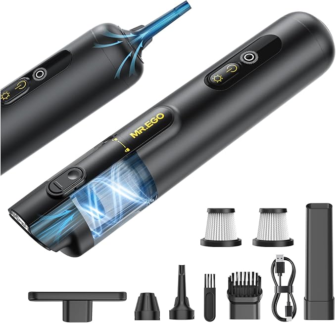 Mr.ego Handheld Car Vacuum Portable Cordless, 4-in-1 Mini Vacuum with 18500Pa Strong Suction, Desk Vacuum Cleaner and Air Duster with Green LED Light for Small Jobs, Car, Home, Keyboards (Black)