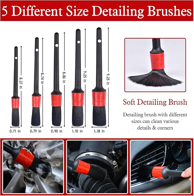 11Pcs Auto Detailing Set, Boar Hair Brushes, Steel Wire & A/C Brushes, Red, Soft Bristles, Wood Handles for Cleaning Interior, Exterior, Leather, 6 Sizes
