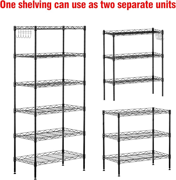 6-Shelf Shelving Storage Unit,Heavy Duty Metal Organizer Wire Rack with Leveling Feet, Stainless Side Hooks for Bathroom Kitchen Garage 750Lbs Capacity (Black)