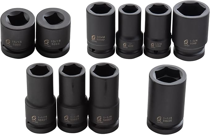Sunex 5690A, 1 Inch Drive Heavy Duty Wheel Impact Socket Set, 10-Piece, SAE/Metric, Deep/Deep Thin Wall/Square/Controlled Depth, Cr-Mo Steel, Storage Case