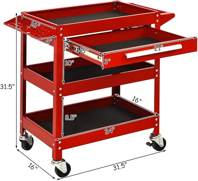 ERGOMASTER Metal Service Utility Cart with Wheels - 500LBS Tool Cart Heavy Duty Rolling 3-Tier Storage Organizer, for Garage Industrial Cart (Red)