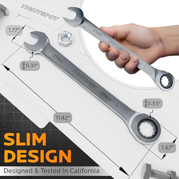 TIGHTSPOT 21 mm Ratchet Combination Wrench with Precision Movement, Polished Steel for Projects with Metric Tight Spaces