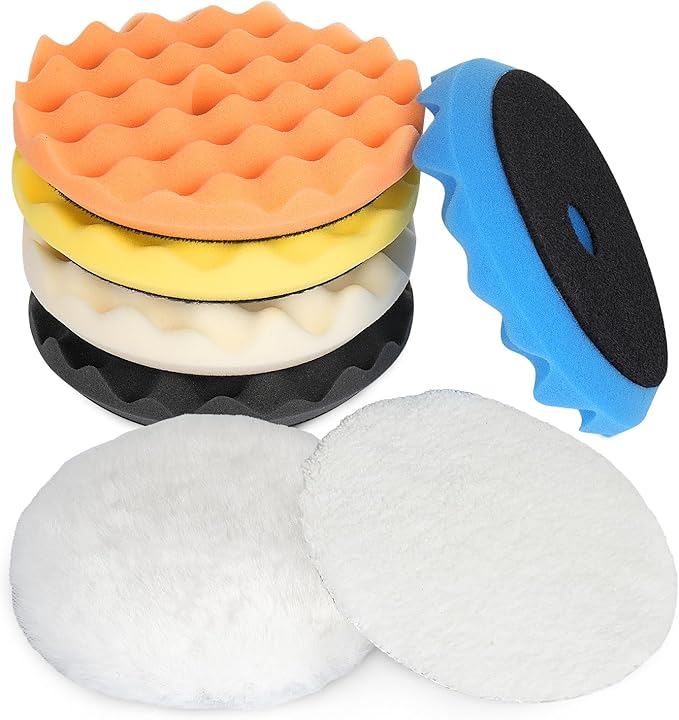 Autolock 5 Inch Buffing Polishing Pads, 7 Pcs 5'' Waffle Foam Buffing Pad, Wool Pad Kit for 5 in Backing Plate, Car Polisher Boat Compounding, Polishing and Waxing