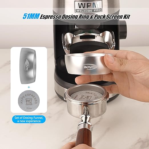 IKAPE Dosing Funnel Set Silver, 51MM Espresso Dosing Ring & Puck Screen Kit Compatible with 51 mm Bottomless Portafilter
