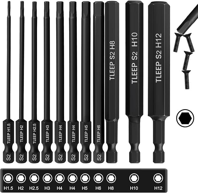 11Pcs 4" Allen Wrench Drill Bit Set 1.5mm-12mm, 1/4" Hex Shank Long Metric Hex Key Set with Case for IKEA Type Furniture, S2 Steel Black Drill Bits Tools for Narrow Spaces, 11 Pieces Full Sizes