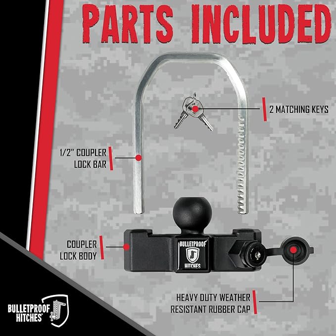 BulletProof Hitches - Medium Duty Trailer Coupler Lock - Universal Trailer Lock with 1/2" Solid Steel Bar - Fits 1-7/8", 2" and 2-5/16" Couplers - Heat-Treated & Pick-Resistant