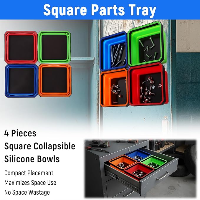 4 Pcs Foldable Magnetic Parts Tray, 4.25 Inch Square Foldable Silicone Tool Organizer with Dual-Sided Magnetic Base, for Screws, Bolts, Nuts, and Small Metal Parts Storage In 4 Colors