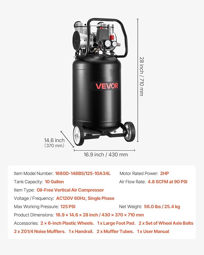 VEVOR 10-Gallon Air Compressor, 2HP 4.8 SCFM at 90PSI, Max 125PSI Pressure Oil-Free Air Compressor Tank, Portable on Wheels for Auto Repair, Tire Inflation, Spray Painting, Woodwork Nailing, 120V