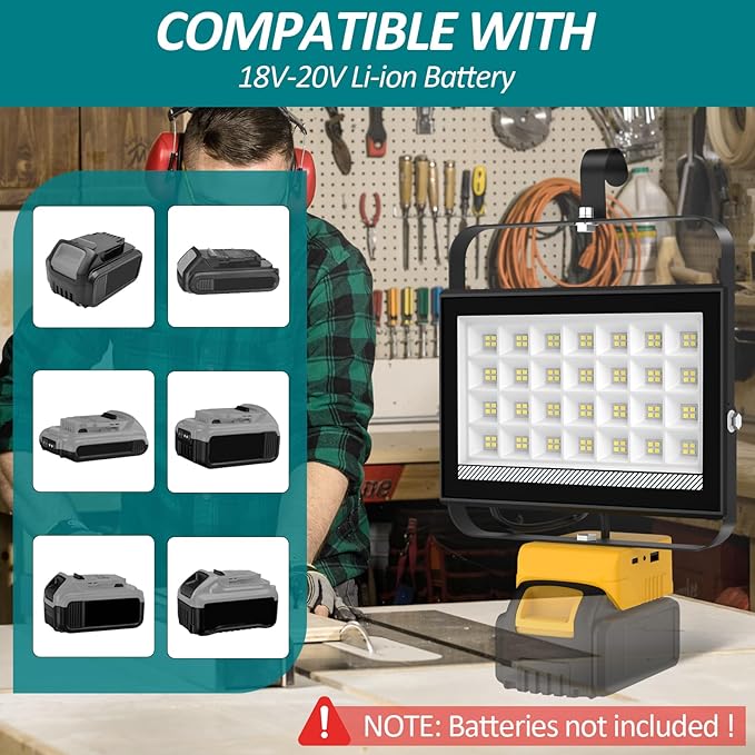 T-SUN 100W LED Work Light, 10000LM Portable Cordless Light Flood Compatible with Dewalt 20V Max Battery (Not Included), 2 USB Charging Ports for Jobsites, Workshops, Emergency, Outdoor